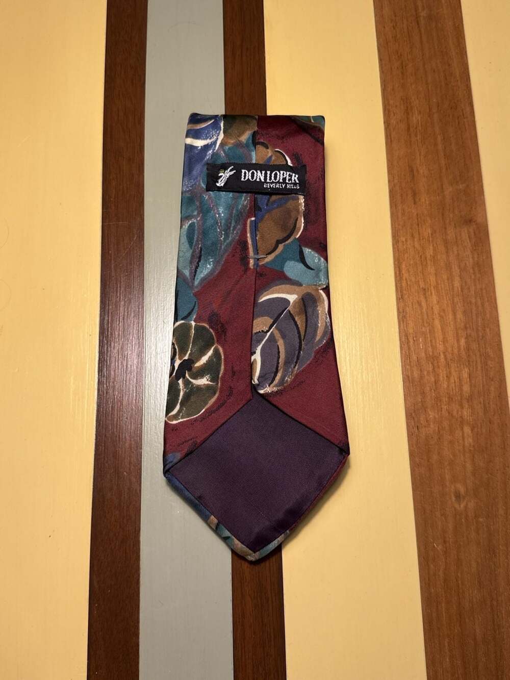 Don Loper Beverly Hills Men's 100% Silk Necktie Floral Abstract Maroon Teal Blue